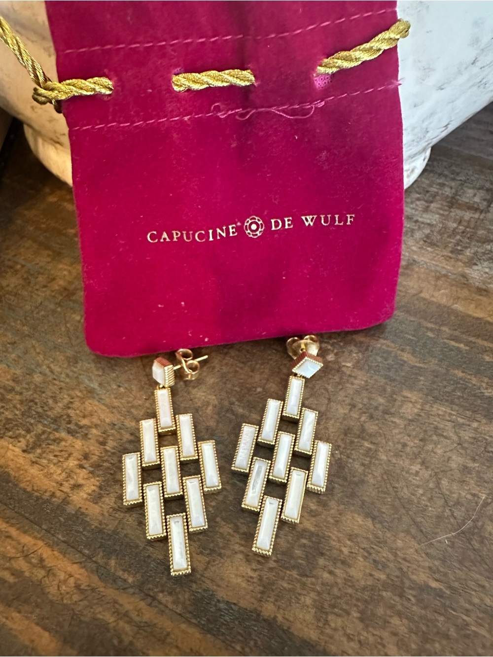Gold Tone Earrings with White Inlay